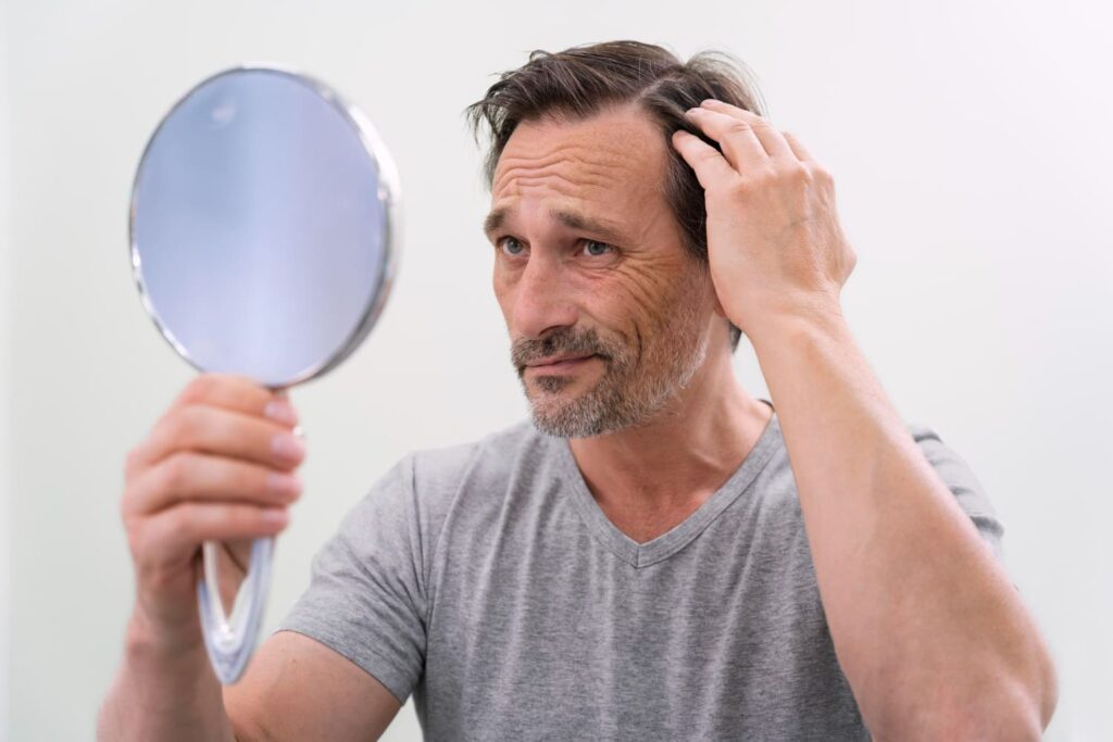 Hombre frente al espejo, preocupado por su pelo.